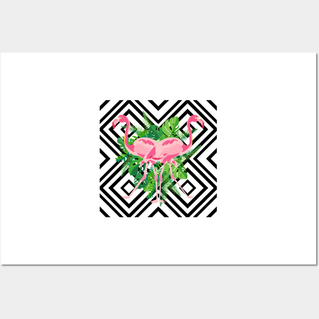 Hand drawn pink flamingo with tropical leaves in mirror image style on geometric background. Wall Art by AnaMOMarques